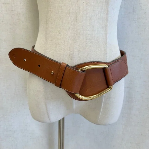 Lauren Ralph Lauren Brown Leather Wide Waist Belt Gold Stirrup Buckle Medium - Picture 8 of 12